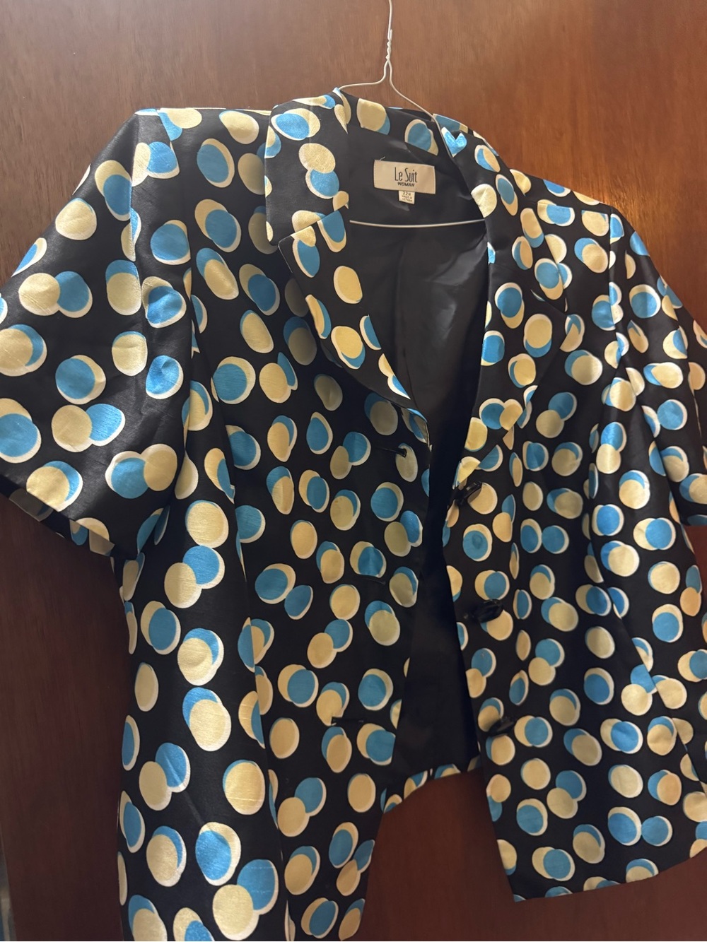 Le Suit Black Short Sleeve Blazer with Blue and Cream Polka Dots